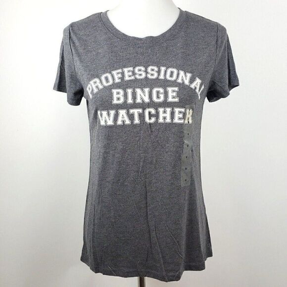 NEW Graphic High Low T-Shirt "Professional Binge Watcher!" Women's M Gray - Picture 1 of 6